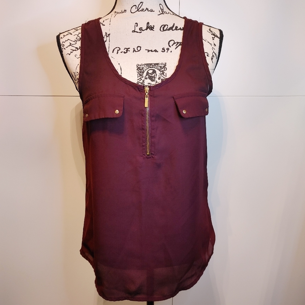 Maroon Sleeveless Blouse Gold Zipper Front Juniors Small Flowy Tank Top